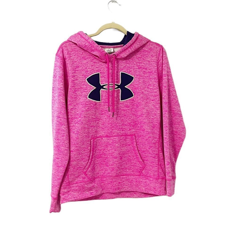 Under Armor Cold Gear Hot Pink Navy Logo Pullover Hoodie Size M - Picture 2 of 7